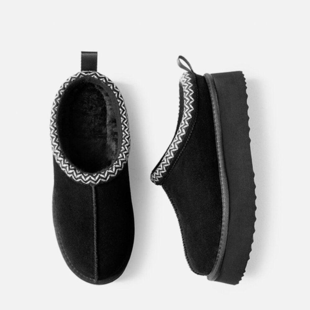 Genuine Suede Plush Fur-Lined Winter Platform Slippers